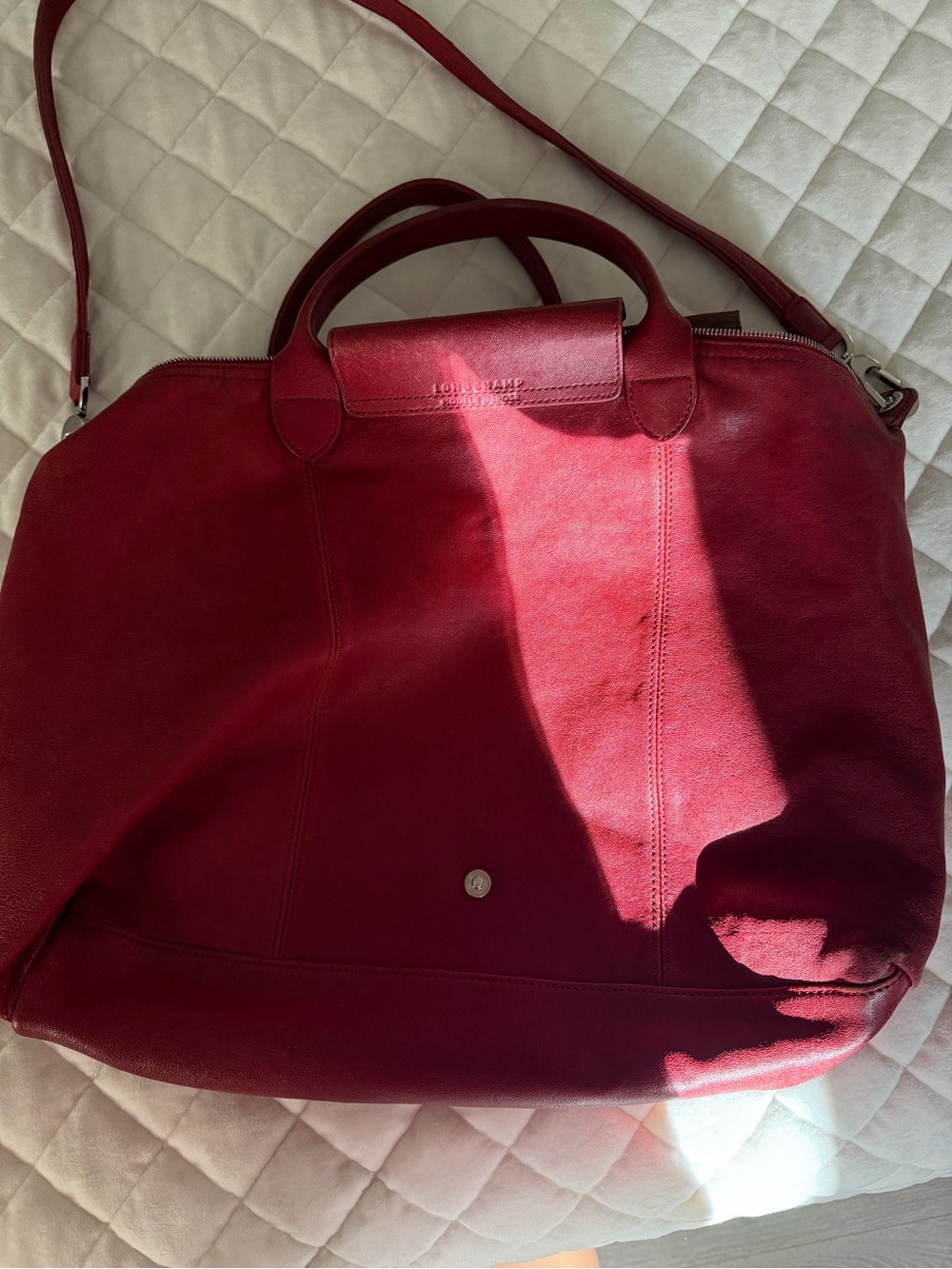 Longchamp Red Leather Tote with Top Handles and Shoulder Strap